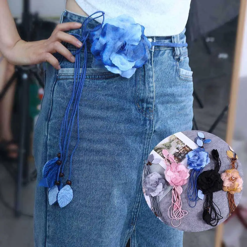 

Women Fashion Tassle Chiffon Dress Decorated Big Flower Belts Waistband Waist Rope Waist Chain