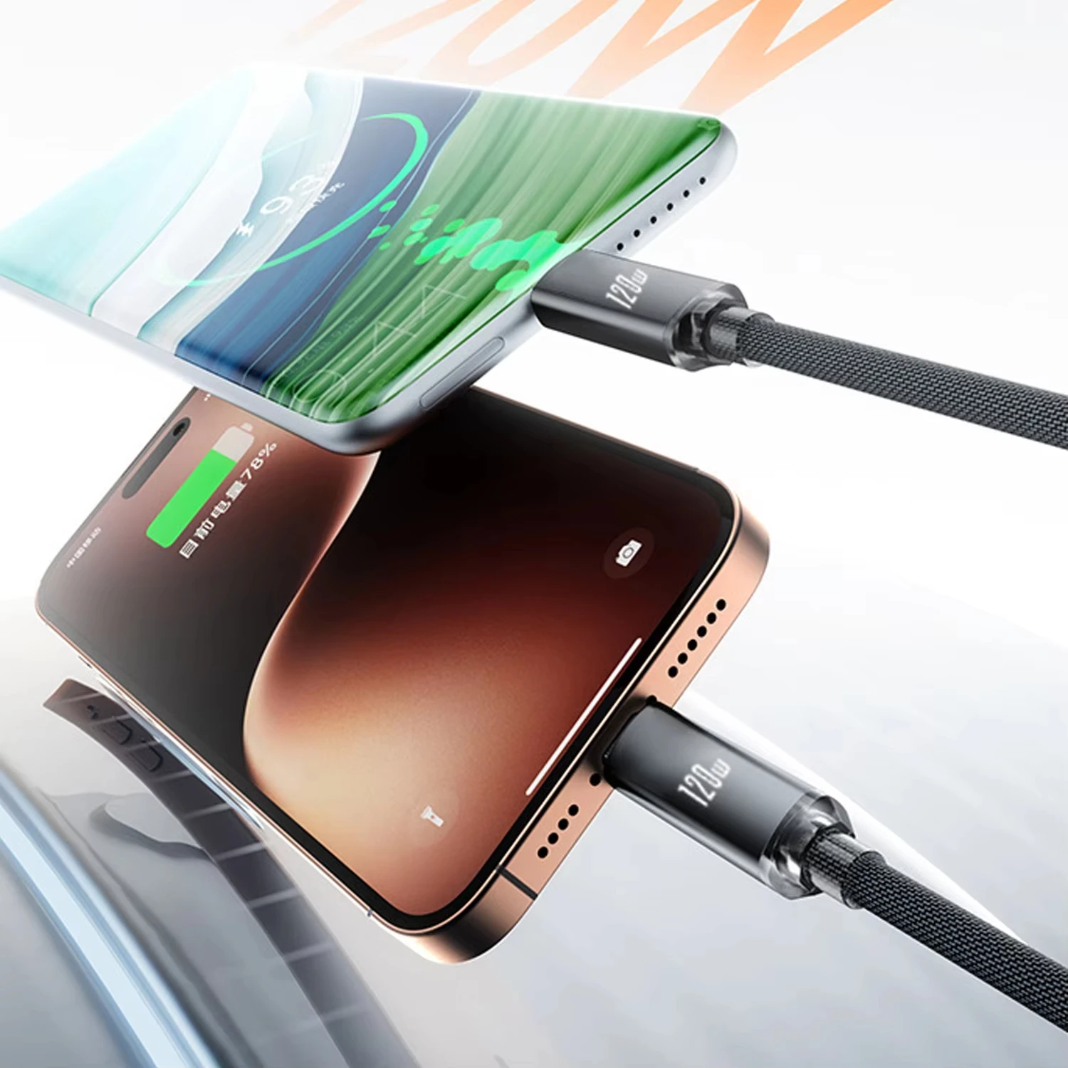 120W USB-C to USB C Fast Charge Spring Cable Retractable Car Charger Data Cord for iPhone 17/16/15 Samsung Xiaomi Type-C Phones 3