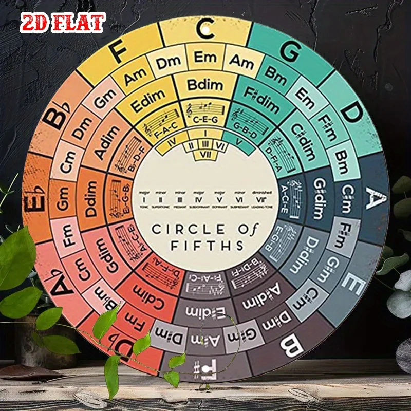 2D Flat 1pc Circle of Fifths Round Aluminum Sign - Vibrant Music Theory Wall Decor with Colorful Chord Progression Chart, Ideal 1
