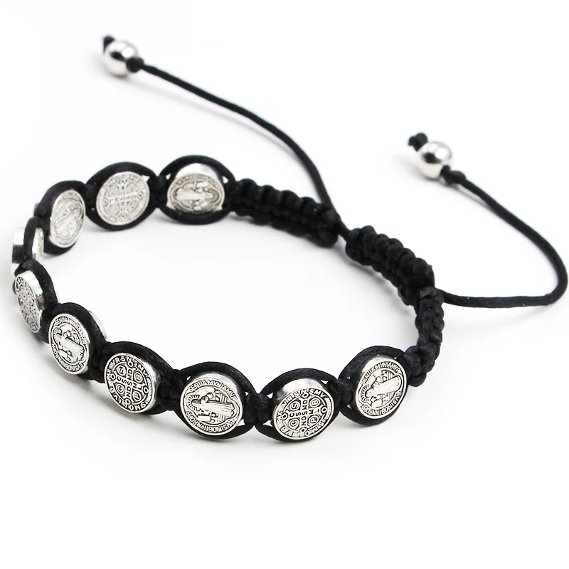 Braided Bracelet Handmade St. Benedict Medal Braided Rosary Coin Beaded Cross Bracelet