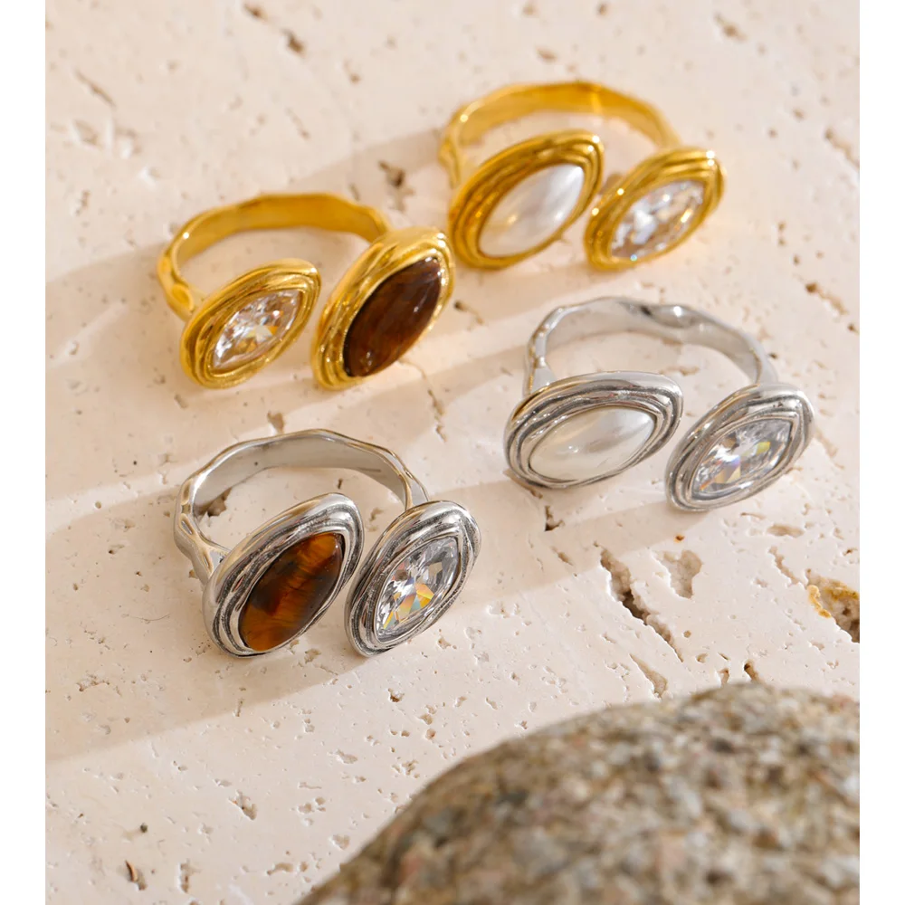 Yhpup Adjustable Stainless Steel Ring Tiger Stone