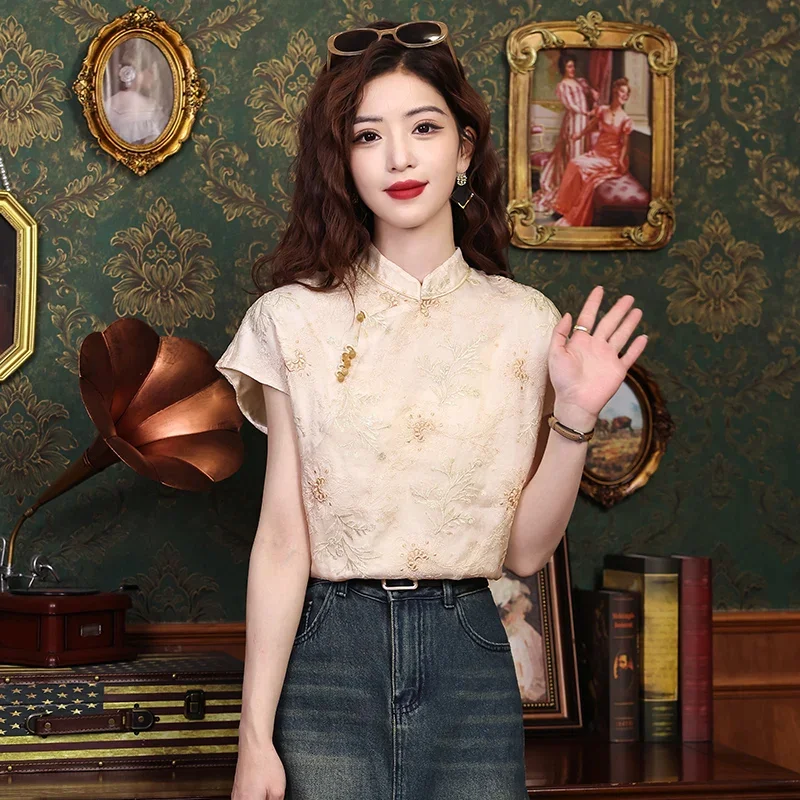 

Шелковая женская рубашка в китайском стиле, летние модные винтажные блузки, одежда с вышивкой, свободные женские топы с коротким рукавом
