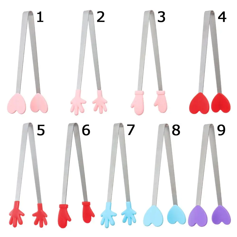 Food Tongs 1PC Durable Silicone Stainless Steel Mini Snack Food Tongs Non-slip Handles BBQ Bread Ice Cube Clip
