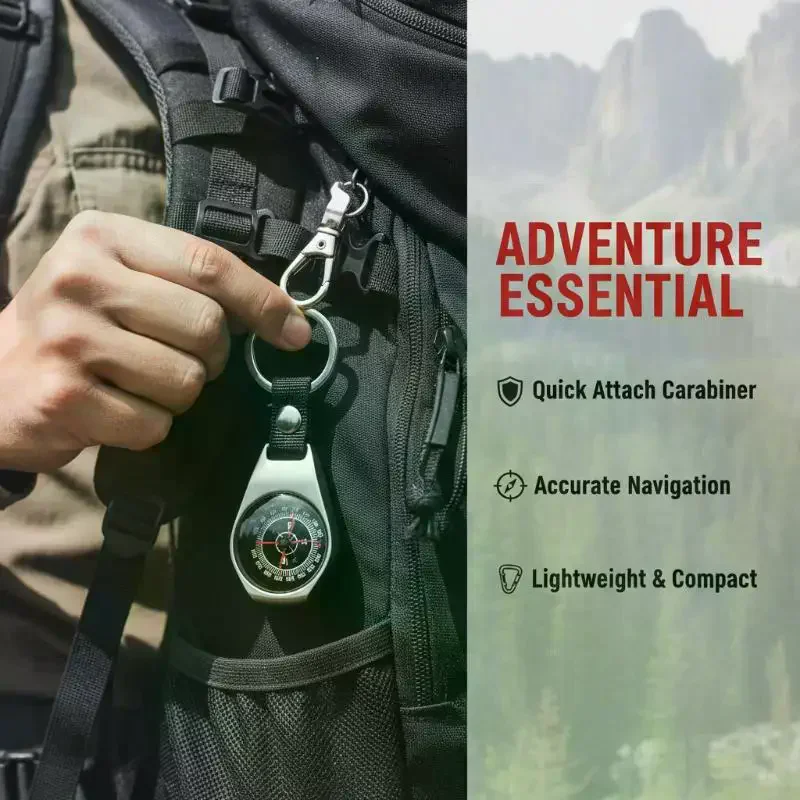Outdoor Camping and Hiking Accessory: Durable Metal Compass Keychain Carabiner.