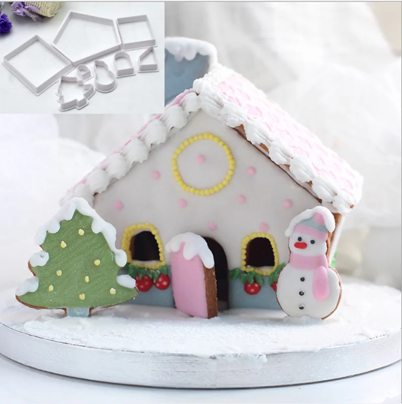 8Pcs Plastic Cookie Cutter Set 3D Christmas Gingerbread House Mould DIY Biscuit Mold Pastry Cake Stamp Baking Tools