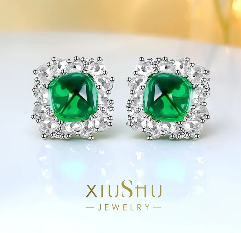 

Light Luxury Niche Design Green Sugar Tower 925 Pure Silver Ear Studs Inlaid with Versatile and Minimalist Women's Wedding