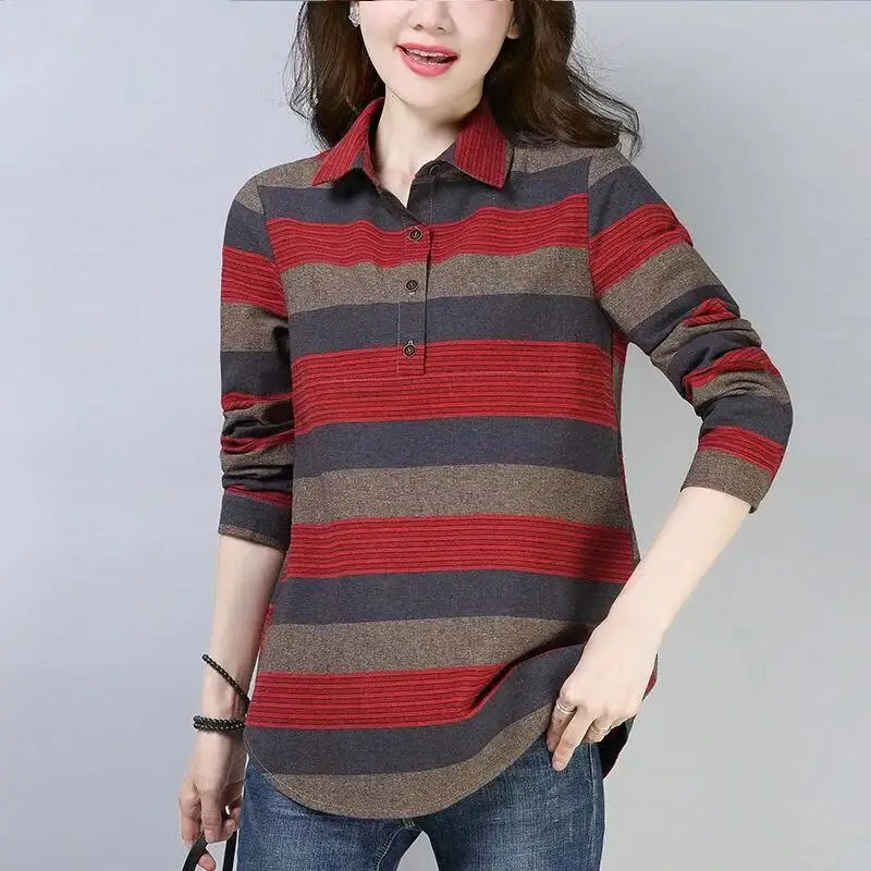 Spring Autumn Elegant Fashion Harajuku Tops Women All Match Loose Casual T-shirts Stripe Patchwork Cotton Long Sleeve Tops Lady