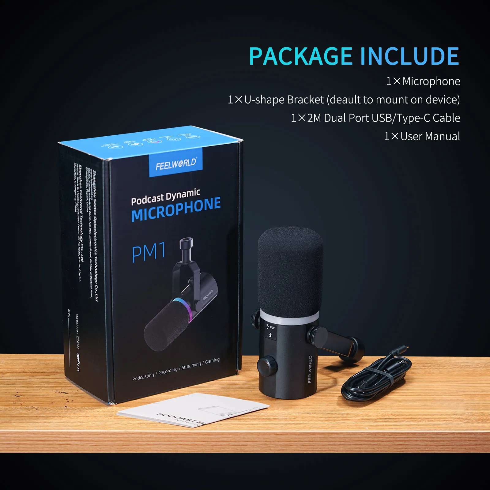 FEELWORLD PM1 XLR/USB 팟캐스팅 녹음 게임 라이브 스트리밍용 다이나믹 마이크