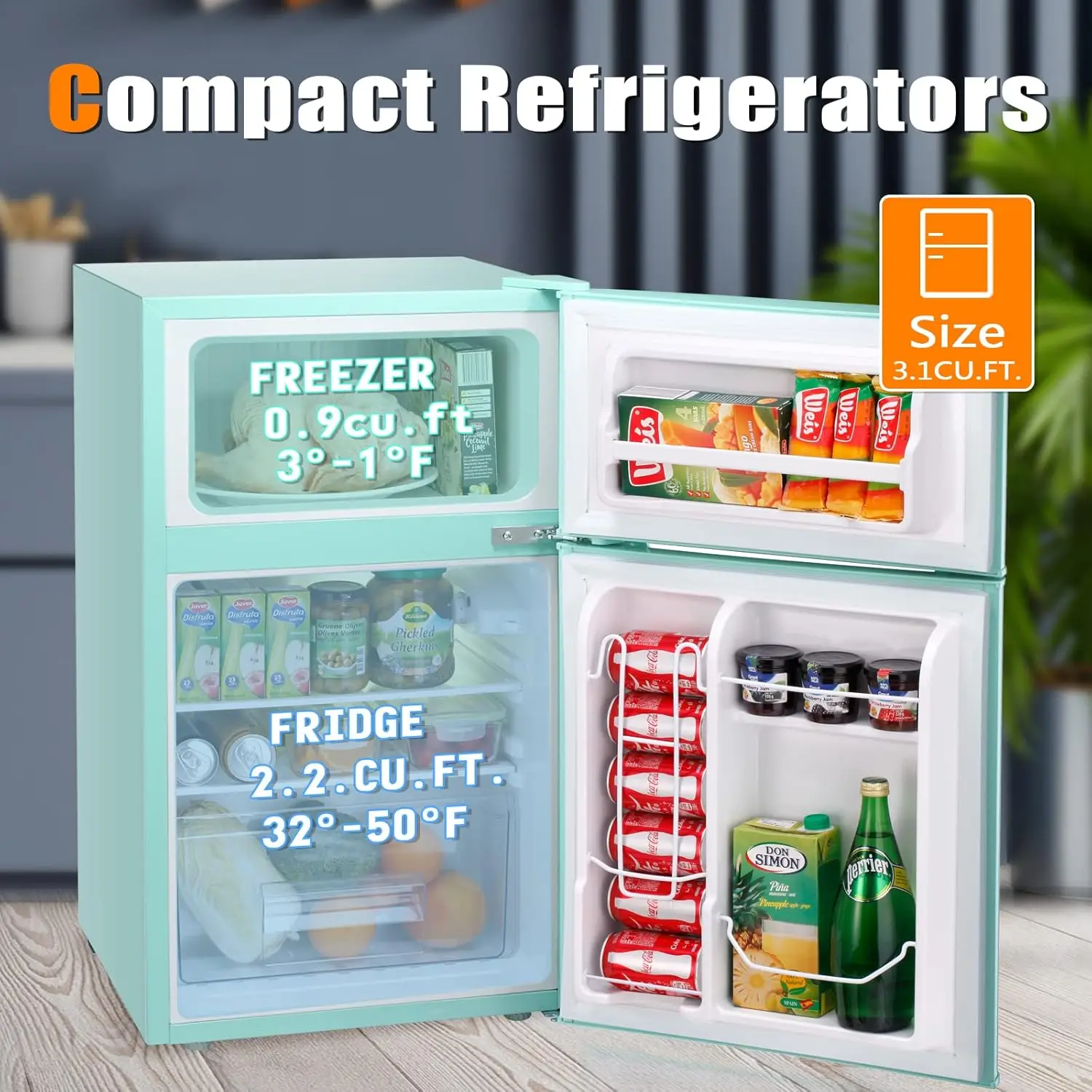 Mini Fridge 3.1Cu.Ft Compact Refrigerator 2-Doors Freezer Low Noise Defrost Storage of Beverages Vegetables Fruits Kitchen