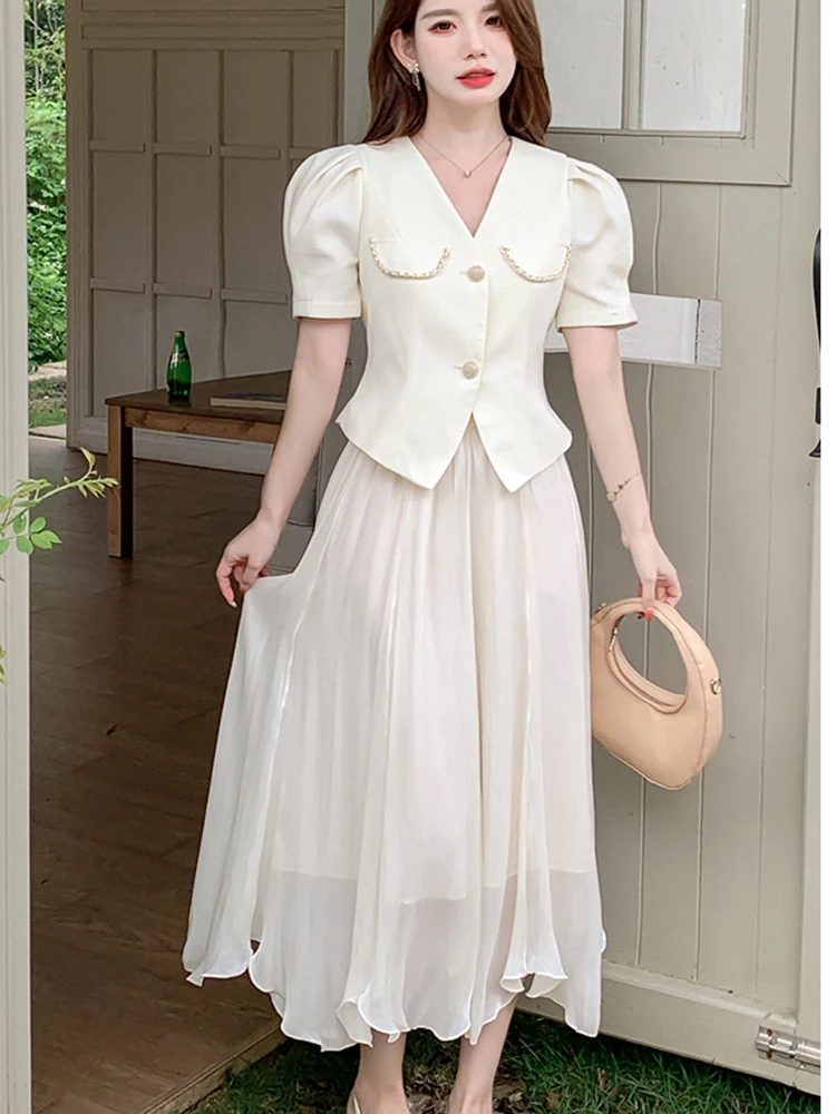 

2023 Women's Summer Temperament Two Piece Dress Set New Korean Fashion Puff Sleeve Tweed Shirt & Chiffon Skirts Lady Outfits