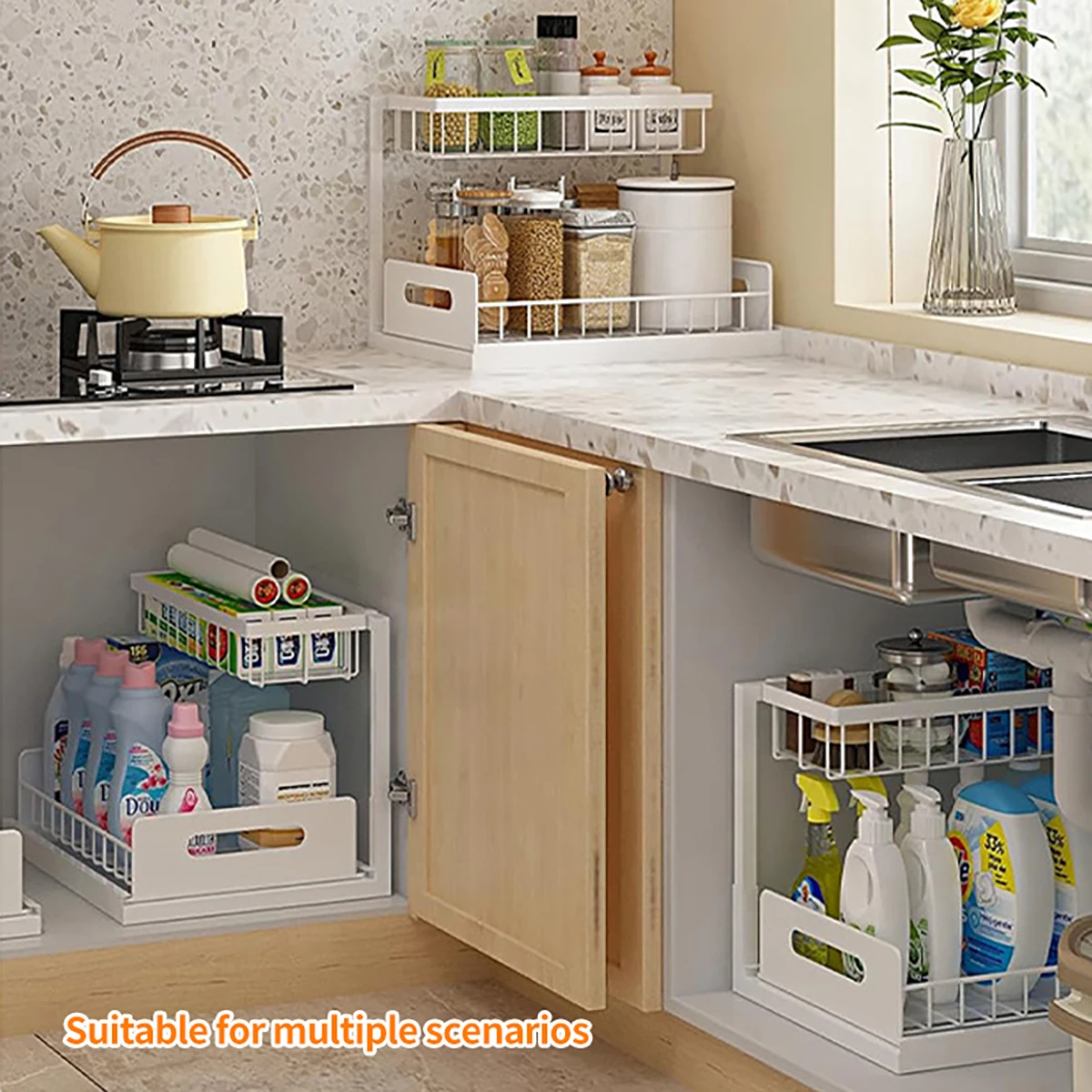 Carbon Steel Kitchen Shelf Double Space Saving Shelves Pull-out Design Countertop/Under Cabinet Dual Use