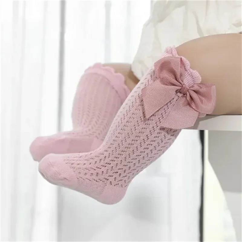 Baby Girls' Cotton Knee Socks, Recém-nascido, Infante, Princesa, Longo, Malha, Renda, Criança Bow, Verão, Novo, 0-24Month, 0-24Month