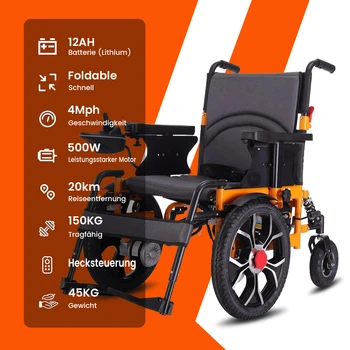 Wisging Sedia a rotelle elettrica pieghevole per tutti i terreni Sedia a rotelle elettrica arancione 12 Ah Batteria al litio staccabile 45 cm Larghezza sedile