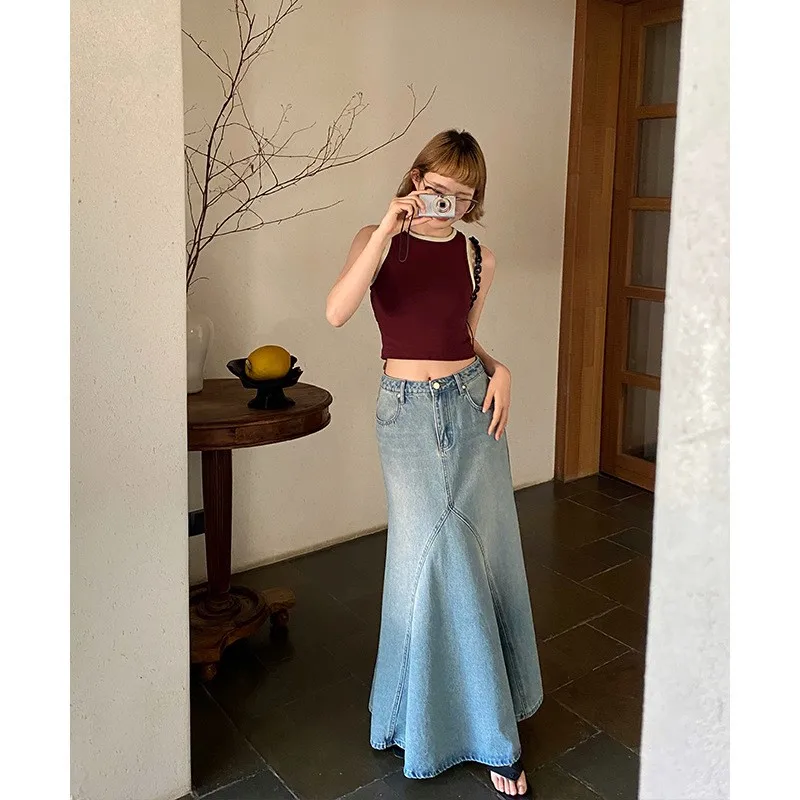 

Spice Girls Casual Blue Black Denim Long Skirt Summer High Waisted A-line Slimming Fishtail Skirt For Spring/Summer 2024 News