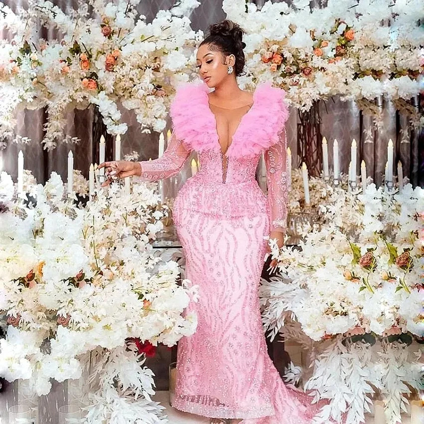

Pink Long Sleeves With Sheer Neckline Scoop Ruffles Mermaid Formal Wedding Guest Evening Prom Dresses Summer 2023