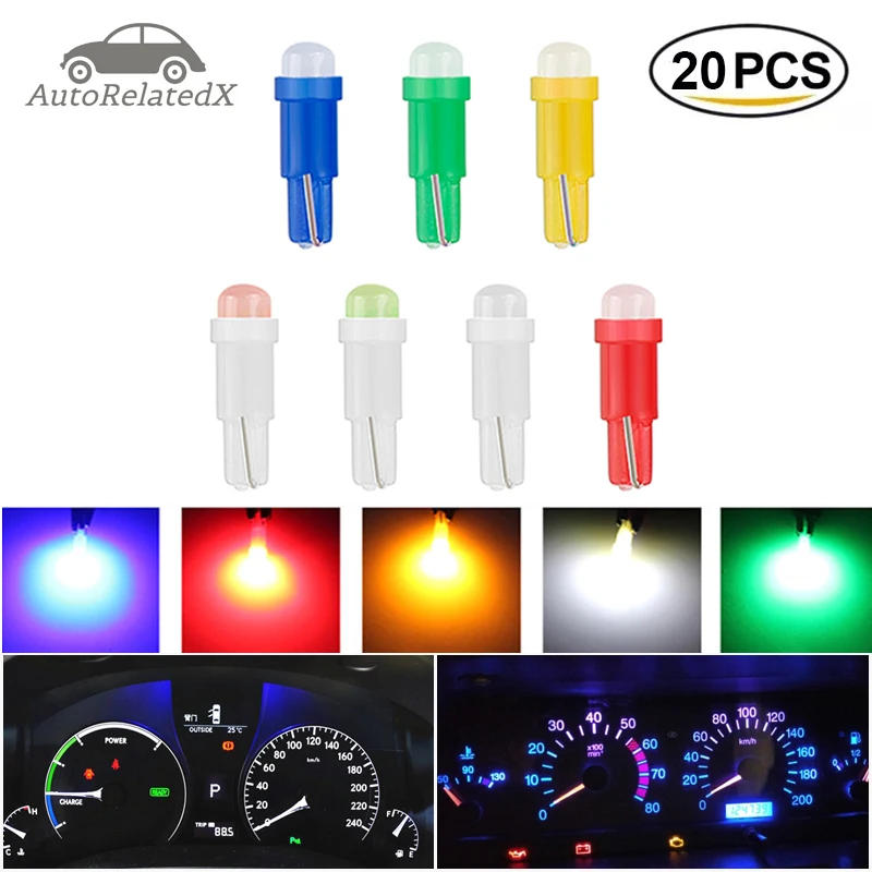 

20pcs/Lot W1.2w Socket T5 Led Car Auto Side Wedge Dashboard Gauge Instrument Light Lamp Bulb Ice Blue Red Green Yellow 12v