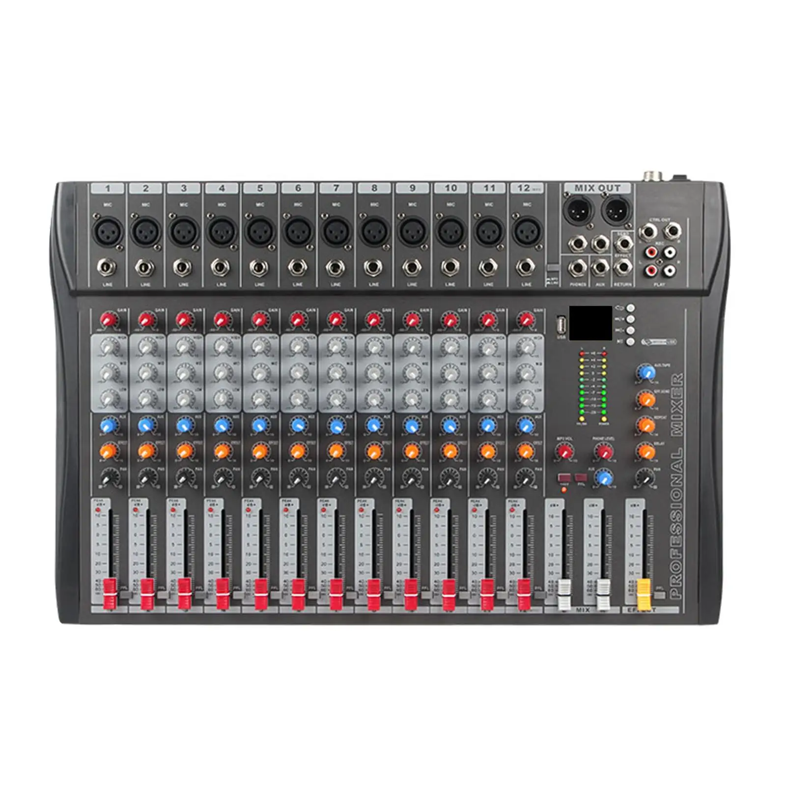 12 Channel Studio Audio Mixer Support 6.35mm V5.0 LCD Screen TRS Input DJ Sound Controller for Recording DJ Stage Karaoke Music