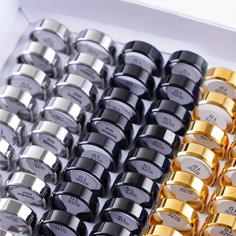 

10pcs Fashion Stainless Steel Ring 8mm Mix Size Classic Black Golden Sliver Sipmle Glossy Surface Ring for Men Women Without Box