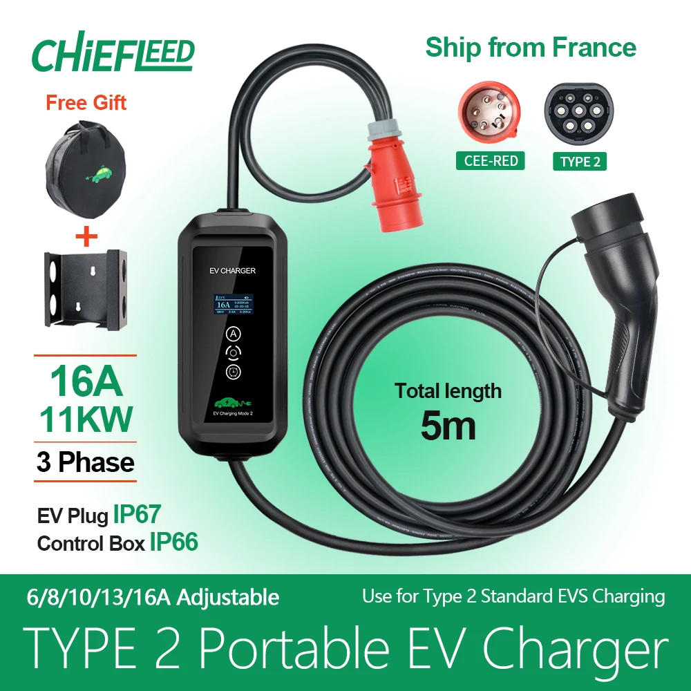 Chiefleed type 2 11KW 16A EVSE Charging Box Electric Car Charger CEE Plug Electric Vehicle ev charger
