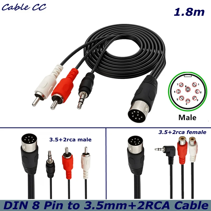 

1.8m DIN 8Pin Male pin DIN 8P to DC3.5mm+2RCA male female Lotus Cable for Audio Equipment Player Amplifier Receiver Equipment