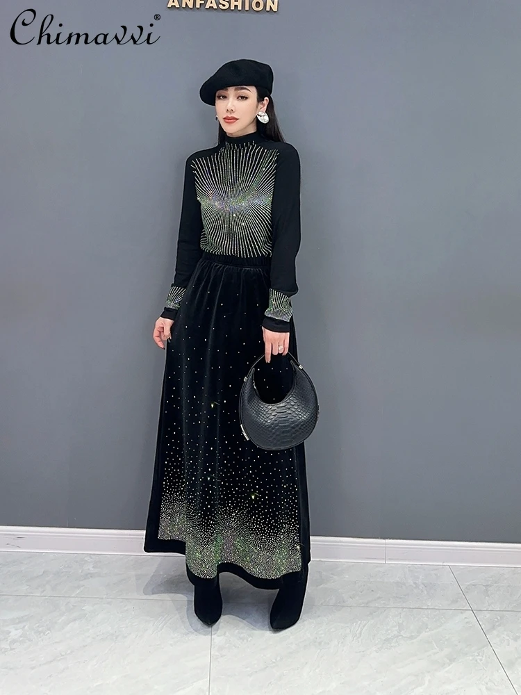 2024 Spring New Korean Style Fashion Elegant Rhinestone Bottoming Top Casual Slimming Skirts Streetwear Women's Two-Piece Suit