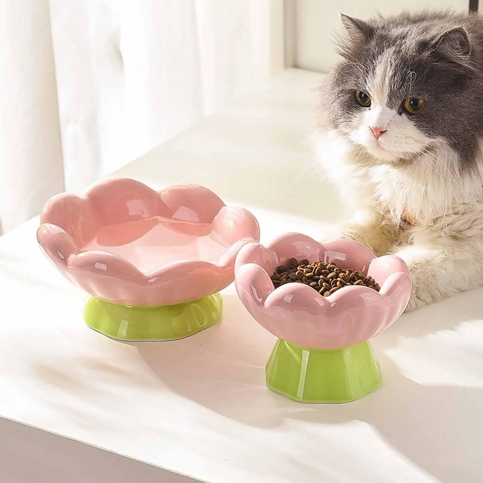Pet Bowl Dog Cat Bowl Elevated Ceramic Tulip Shape Raised Food Feeding Feeder