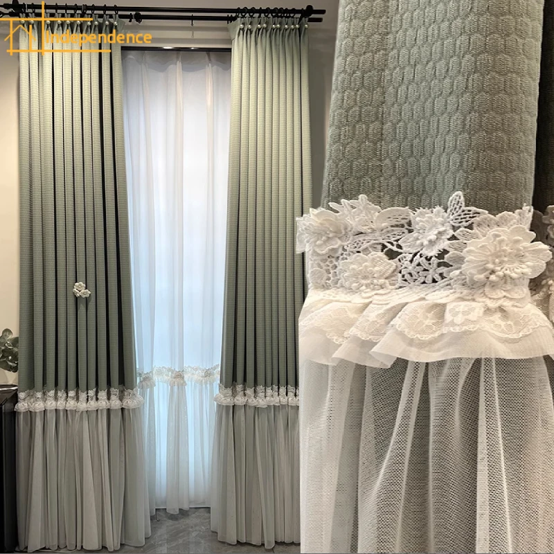 

French Mint Green Lace Beaded Skirt Window Screen Thickened Chenille Curtains for Bedroom Living Room French Window Customized