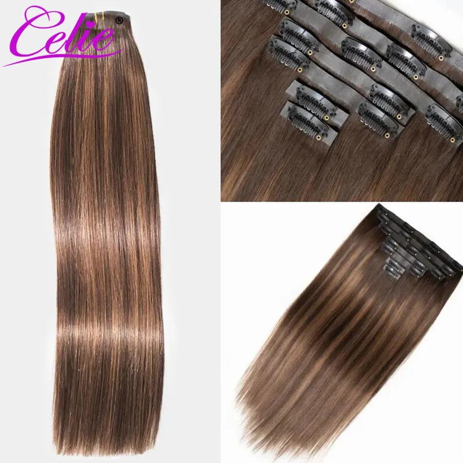Celie Highlight Seamless Clip In Human Hair Extensions Straight Beginner Friendly 7pcs/pack