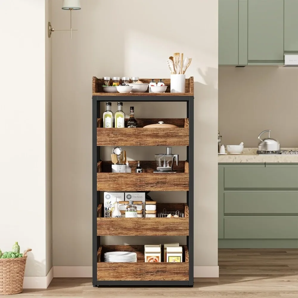 Wood Fruit and Vegetable Storage Rack, 5-Tier Pull-Out Snack Stand Fruit Basket Stand, Utility Shelf Organizer for Kitchen 4