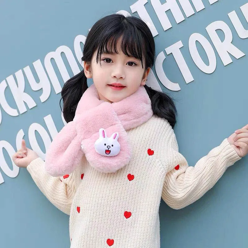 Winter Push Baby Scarf Cute Rabbit Bear Doll Scarves for Boy Girl Warm Soft Faux Fur Kids Cross Neckerchief baby scarf wool scarf rabbit fur scarf