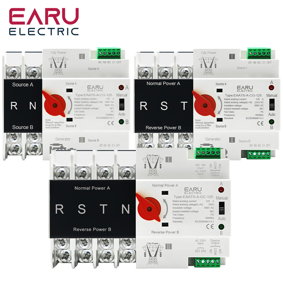Din Rail 2/3/4P AC 110V 230V 125A Mini ATS Dual Power Automatic Transfer Switch Electrical Selector Switches Uninterrupted Power