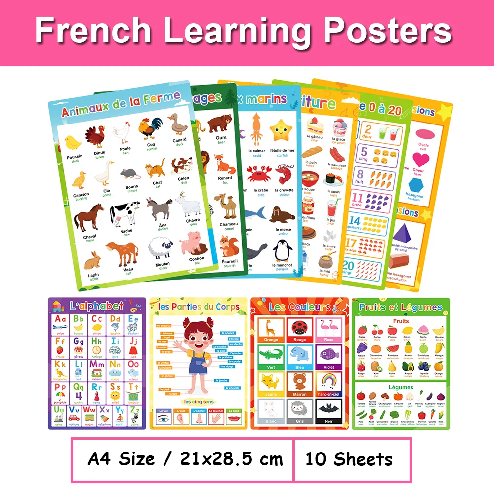 Affiches A4 d'apprentissage des mots bilingue anglais français, graphiques pour enfants de la maternelle, décoration de salle de classe, outils pédagogiques pour enseignants, 10 pièces