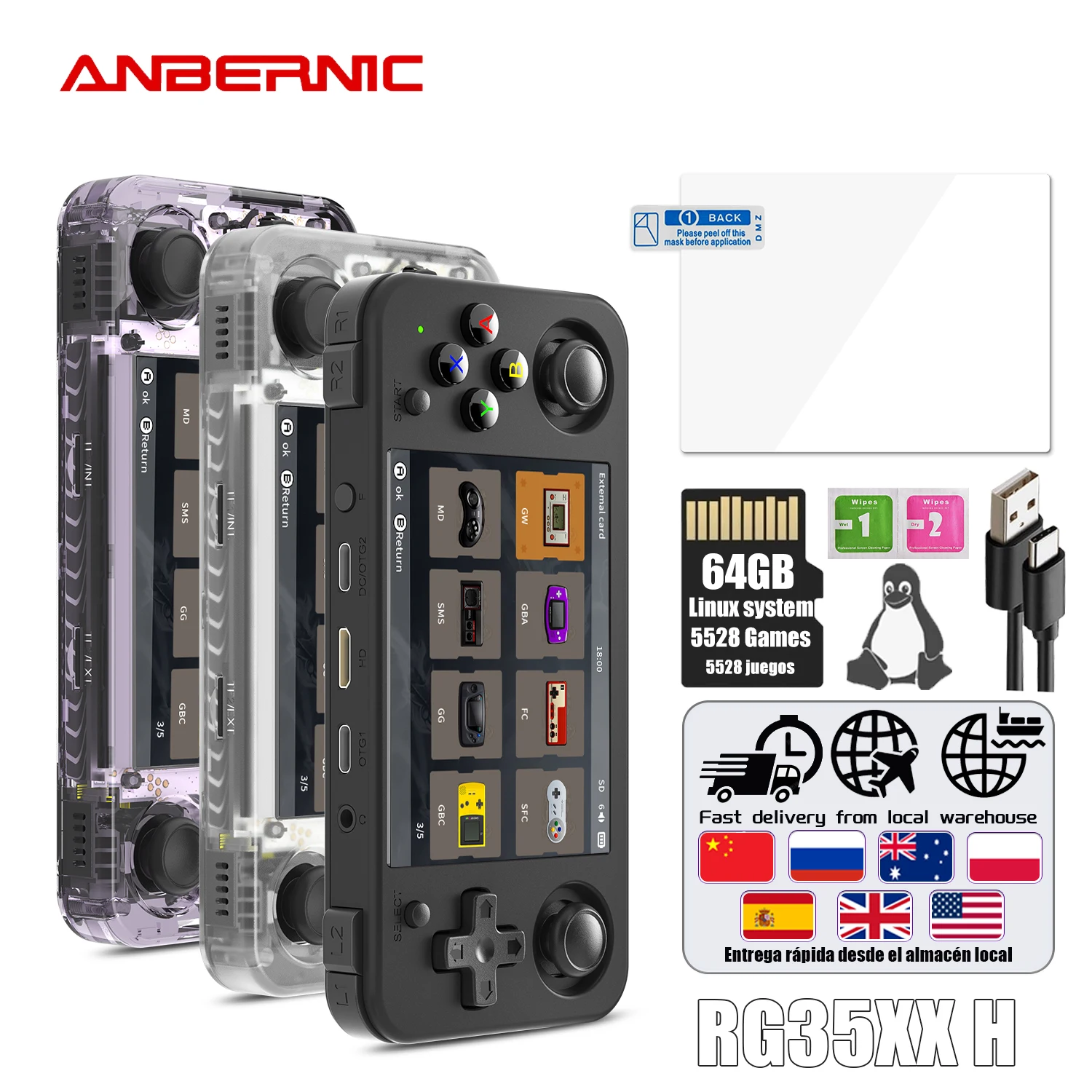 RG35XX H Consola Retro De Mano – Pantalla IPS 3.5", HDMI, 5000+ Juegos, Batería 3300mAh, Linux, Con Tarjeta TF De 64GB – Color Morado