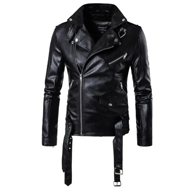 Mens Fashion Clothing Leather Jacket Slim Fit Stand Collar Punk Jacket Male Anti-wind Motorcycle Lapel Diagonal Zipper Jackets
