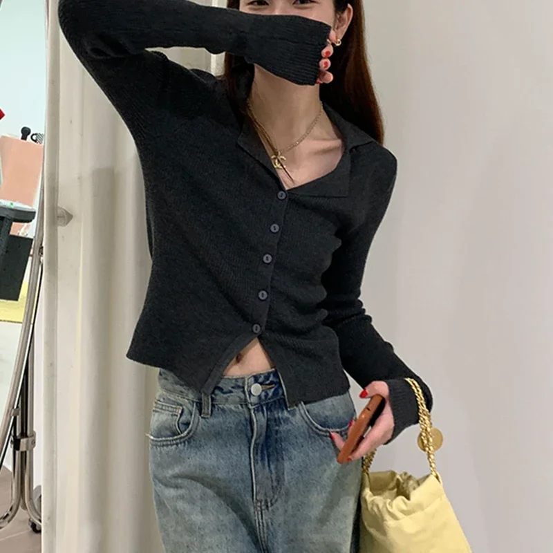 Autumn and Winter Lapel Women's Cardigan Long-sleeved Sweater Elegant Slim-fit Single-breasted Casual Knitwear Bottoming Shirt