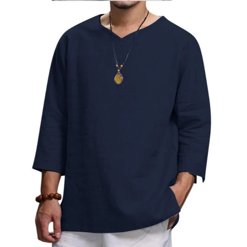 

5 Colors!2024 Summer New Men's Top Long Sleeved V-neck Cotton Linen Loose Shirts Hawaiian Shirt Long Sleeve T Shirt Men