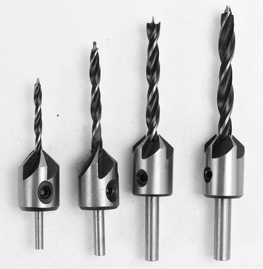 4PC Countersink Drill Bit Flute Round Shank Adjustable Tapered Bits for Wood with Allen Wrench Woodworking Drilling