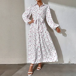 Ramadan Abaya Floral Print Button Front Dress, Casual Lantern Sleeve Dress For Spring & Fall, Women's Clothing Kebaya Kaftan