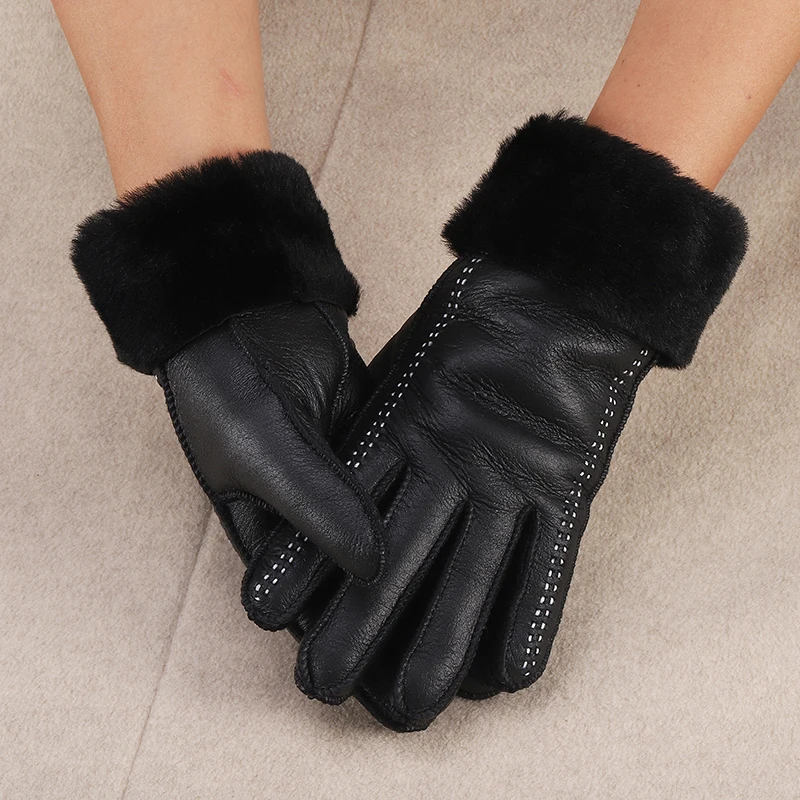 

Genuine Sheepskin Leather Gloves For Women, Winter Warm Thick Wool Lined Driving Motorcycle Gloves