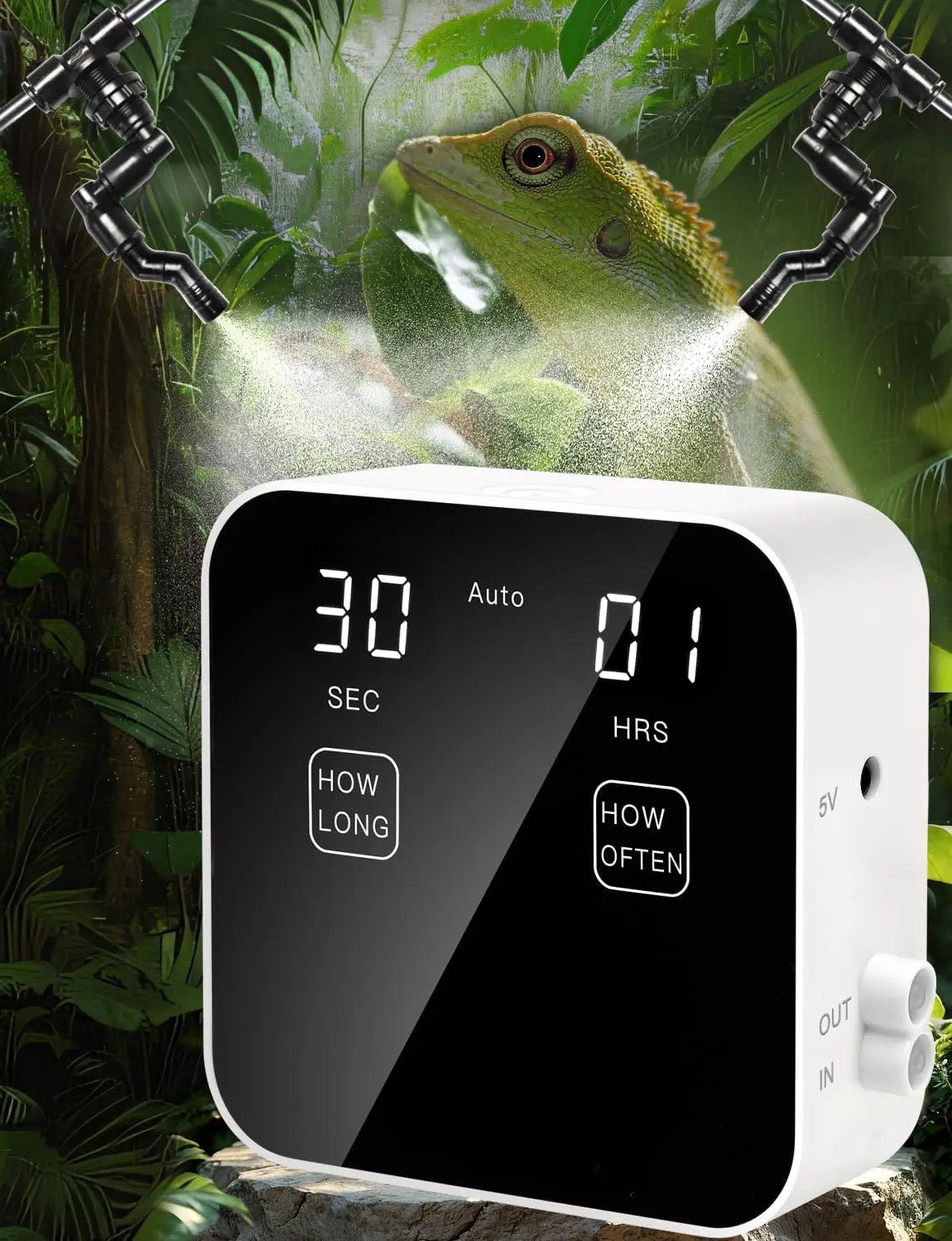 Automatic Rainforest Timing Spray System Reptile Fogger Humidifier with Timer and Fine Mist Nozzles, Water Shortage Protection