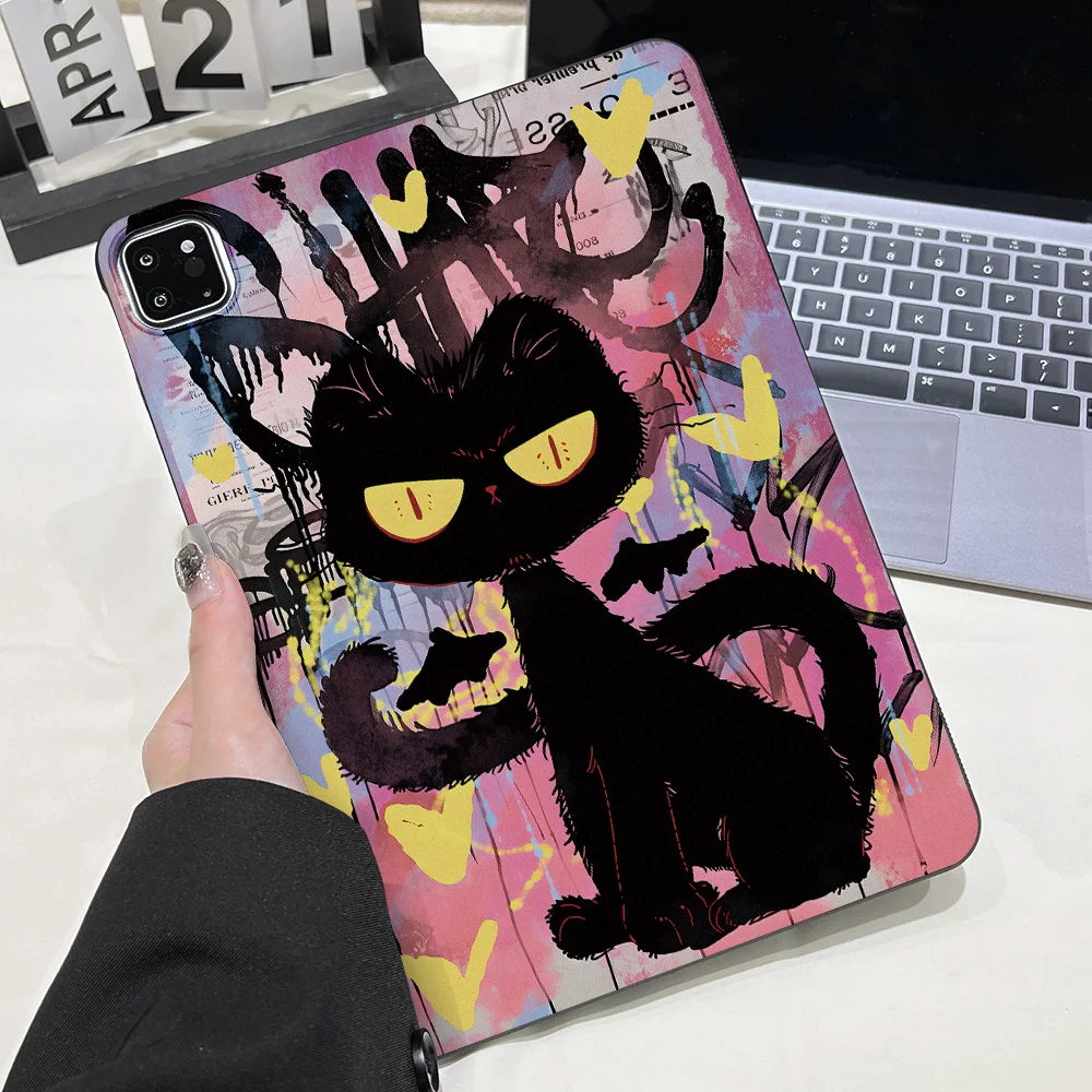 Matte Black Tablet Case with Playful Peeking Cats Design