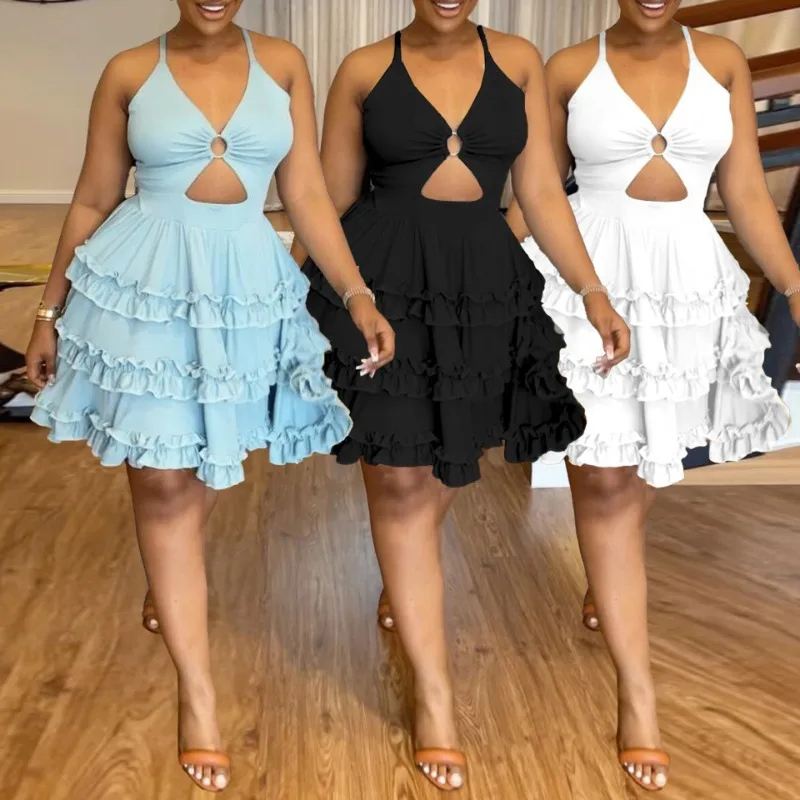 

2023 Spring Summer Sexy Slim-Fit Solid Color Backless Wooden Ear Lace Cross Tied Dress Cake Dress