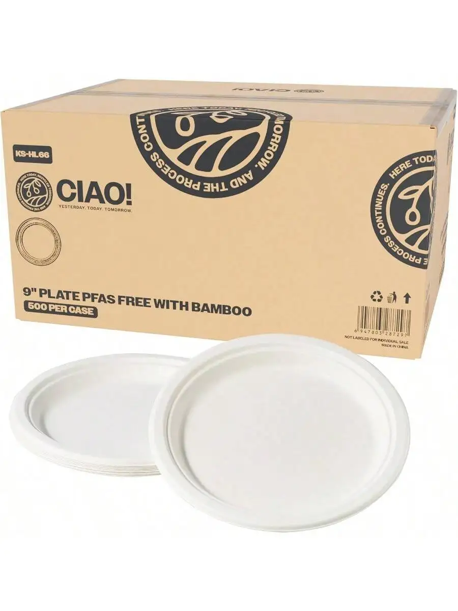 CIAO! 9" Heavy Duty Plate Compostable PFAS Free Unbleached Bagasse Natural White Pack of 500