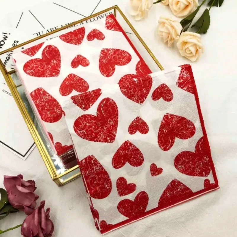 20pcs/P Heart Shaped Colourful Printed Napkin Wedding Valentine's Day Facial Tissue Proposal Decoration Wine Glass Flower Paper