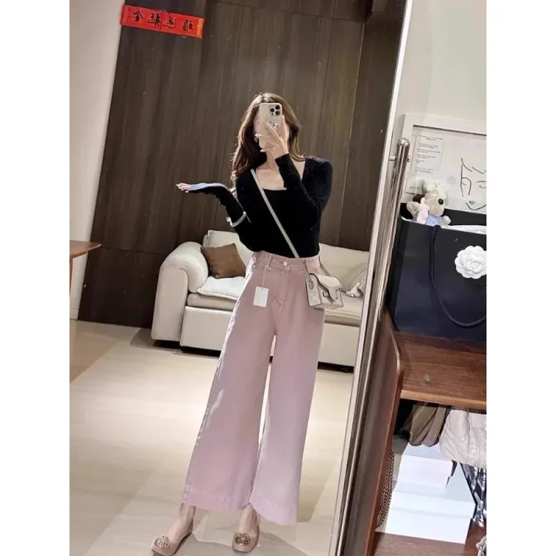 Pink High-Waisted Wide-Leg Jeans New Spring/Autumn Style Women's Straight-Leg Pants Large Size Chinese Traditional Pants