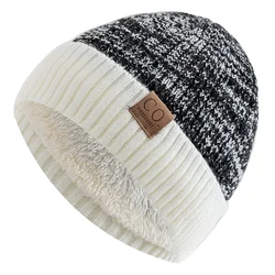 Unisex Two-Tone Fur-Lined Fashion Beanie - Warm Knitted Winter Hat - 56cm-60cm (Black White)