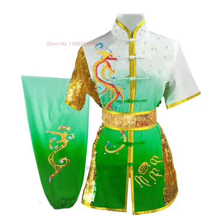 Traditional Chinese Wushu Kung Fu Set Sequin Dragon Embroidery Shaolin Uniform Kungfu Stage Performance Tops + Pant + Belt Set chinese traditional costume