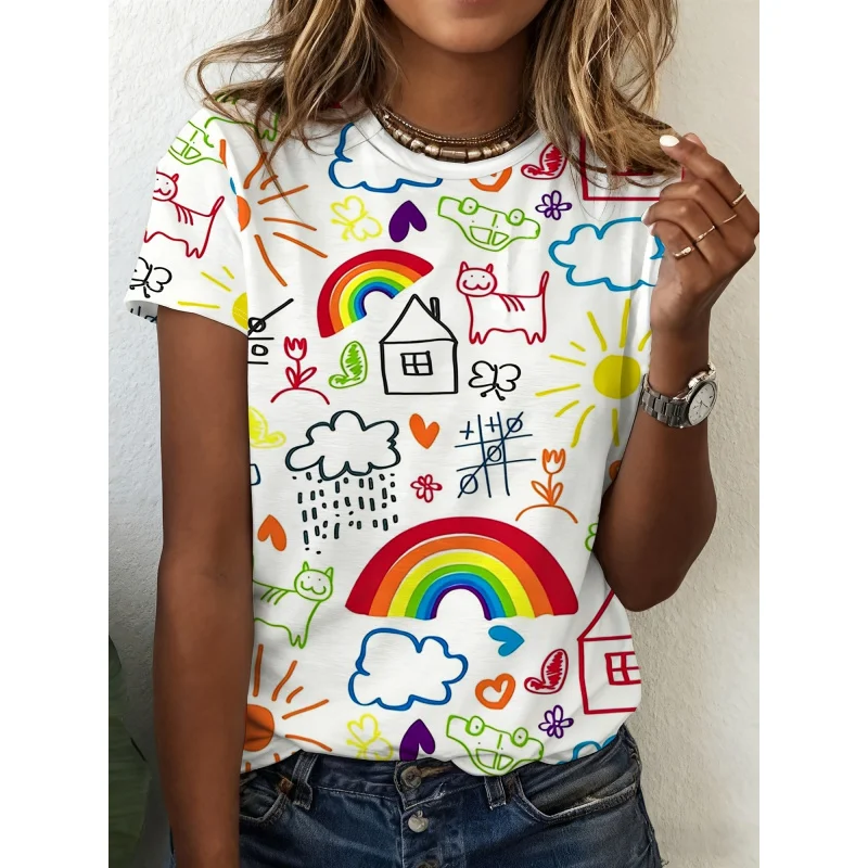 2026 Neues Produkt: Lustiges Graffiti-Regenbogen-Katzen-Sonnenblumen-Print Allwetter-Freizeitoberteil für Damen mit kurzen Ärmeln