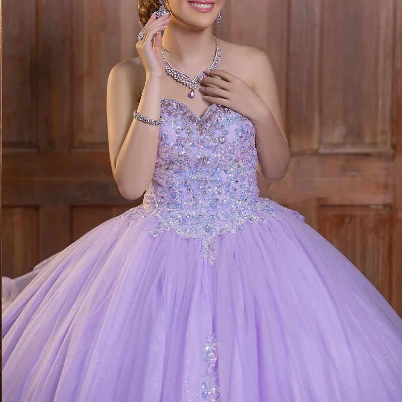 Lavender Shiny Quinceanera Dresses Lace Appliques Beading Tired Off the Shoulder Princess Ball Gown Custom Made For Sweet 16