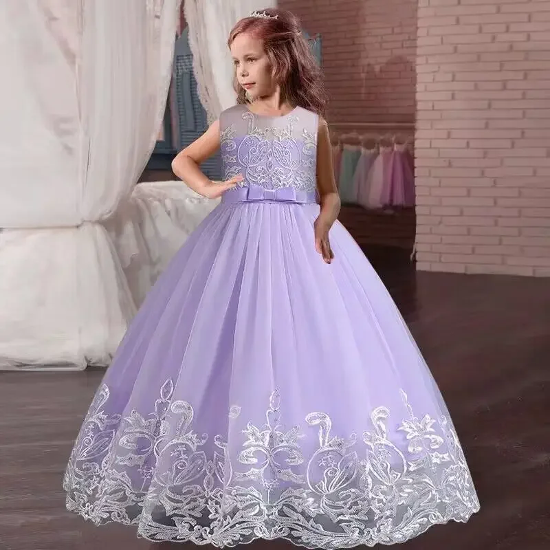 

2-10 years old girl wedding bridesmaids group embroidery lace long dress new crepe Lace Beaded ball dinner dress girl baby